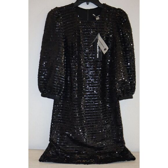 Karl Lagerfeld LD1IO134 Women's Sz 0 Black Sequin Puff Sleeve Shift Dress - Picture 2 of 10